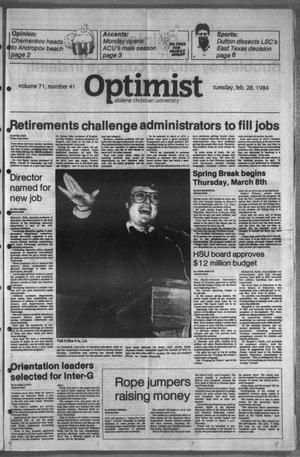 Primary view of object titled 'The Optimist (Abilene, Tex.), Vol. 71, No. 41, Ed. 1, Tuesday, February 28, 1984'.