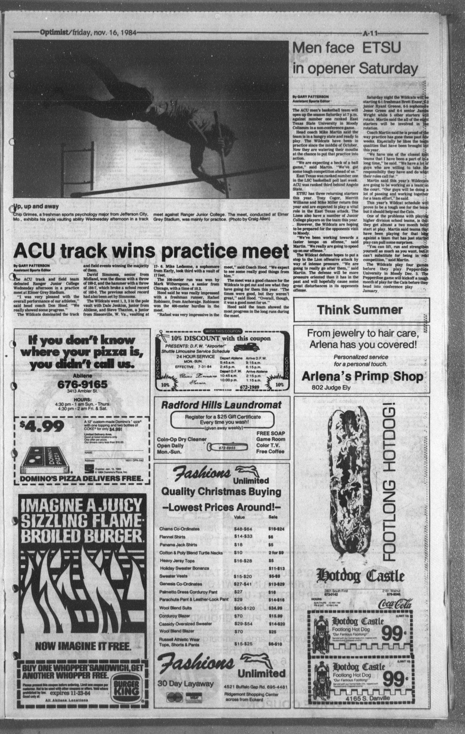 The Optimist (Abilene, Tex.), Vol. 72, No. 25, Ed. 1, Friday, November 16, 1984
                                                
                                                    [Sequence #]: 11 of 12
                                                