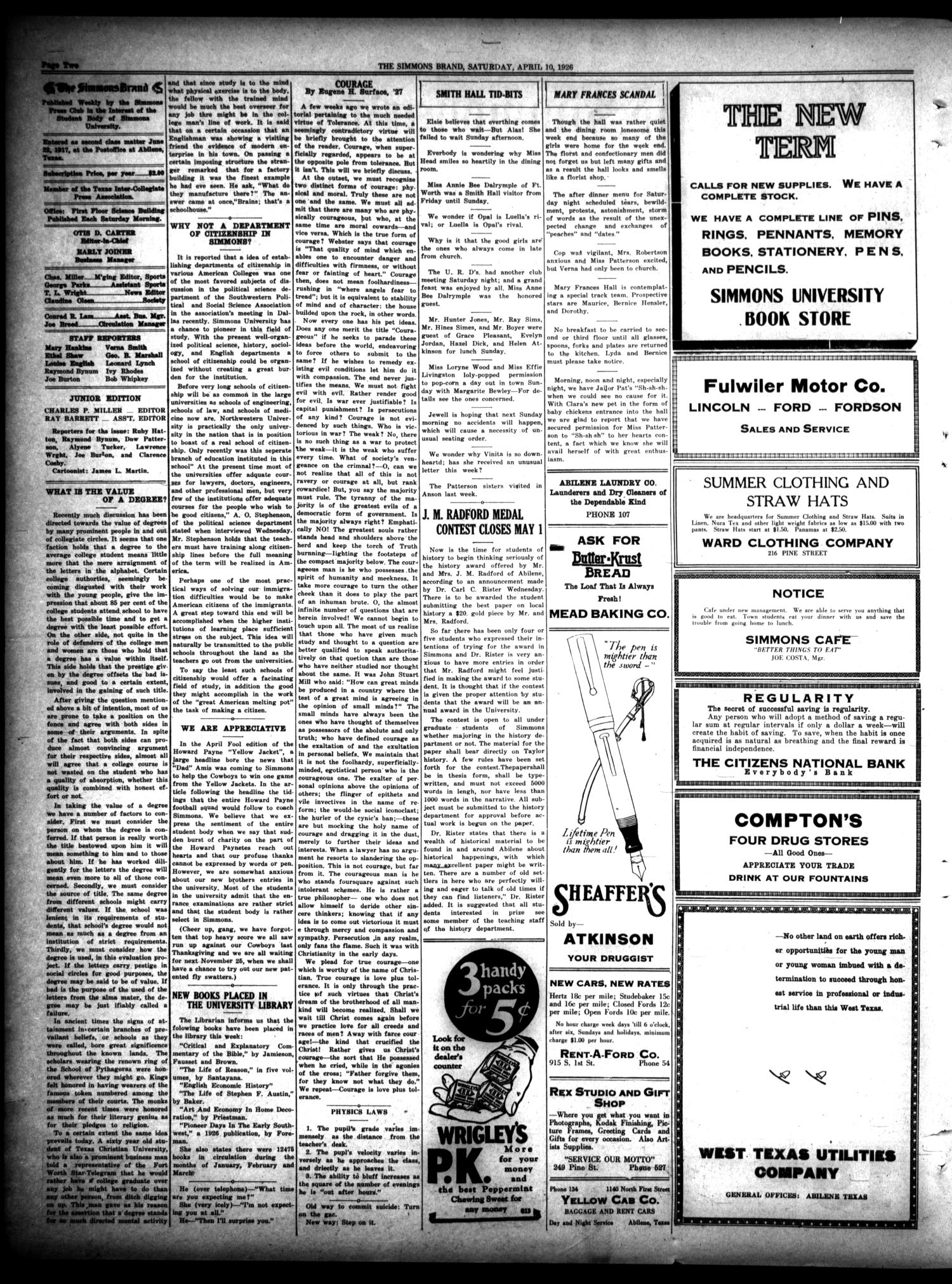 The Simmons Brand (Abilene, Tex.), Vol. 10, No. 28, Ed. 1, Saturday, April 10, 1926
                                                
                                                    [Sequence #]: 2 of 4
                                                