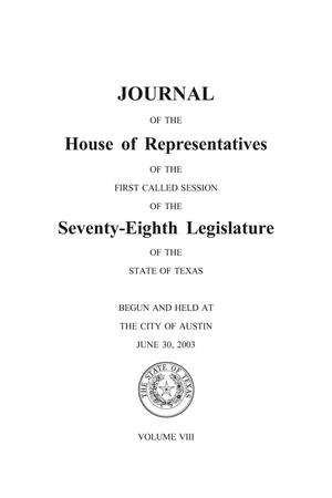 Primary view of object titled 'Journal of the House of Representatives of the Seventy-Eighth Legislature of the State of Texas, Volume 8'.