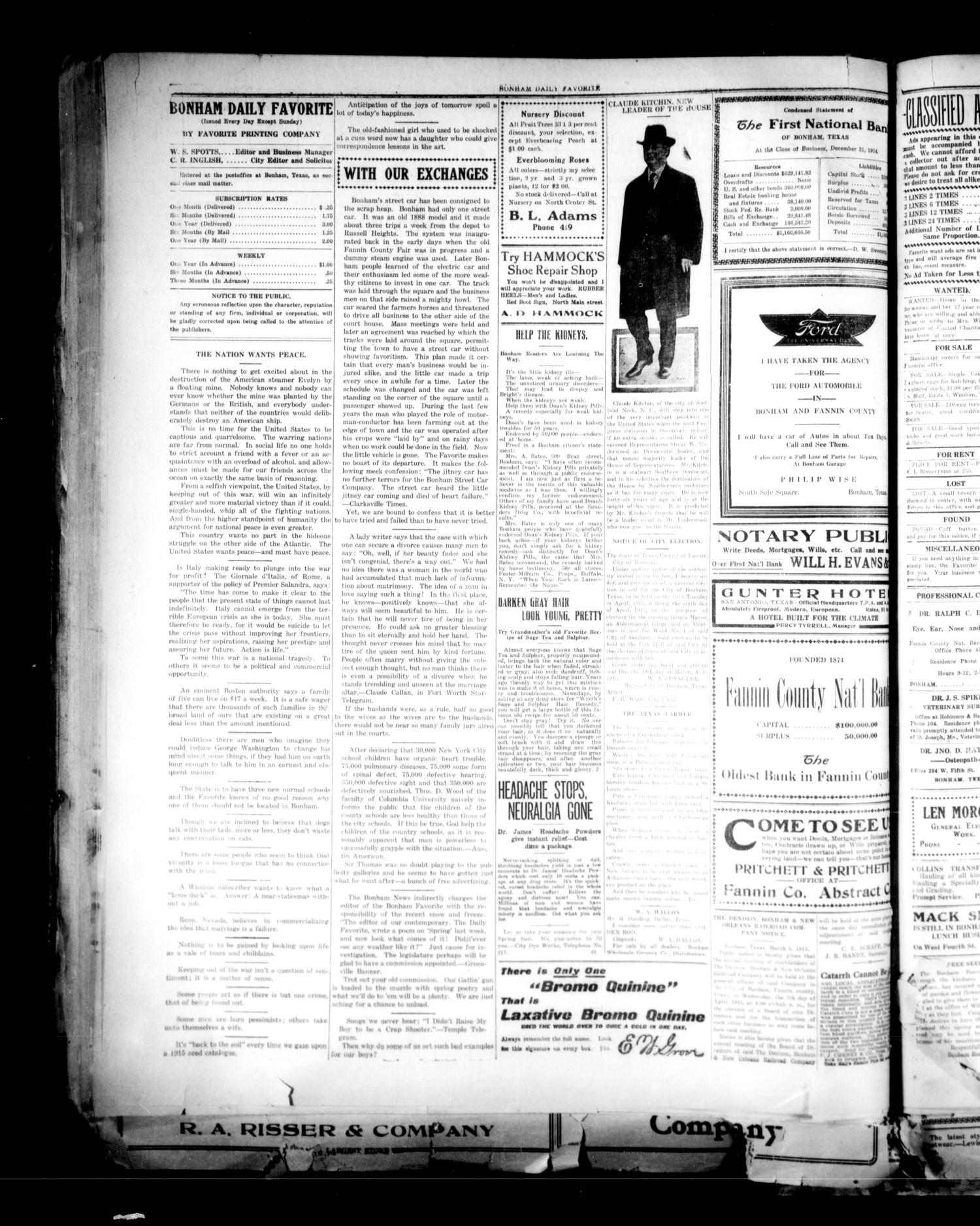The Bonham Daily Favorite (Bonham, Tex.), Vol. 17, No. 193, Ed. 1 Wednesday, March 17, 1915
                                                
                                                    [Sequence #]: 2 of 4
                                                