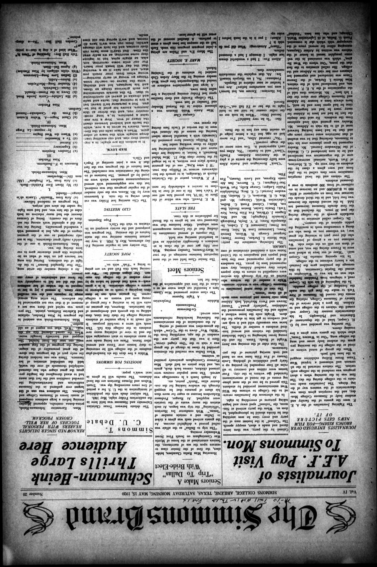 The Simmons Brand (Abilene, Tex.), Vol. 4, No. 28, Ed. 1, Saturday, May 15, 1920
                                                
                                                    [Sequence #]: 1 of 4
                                                