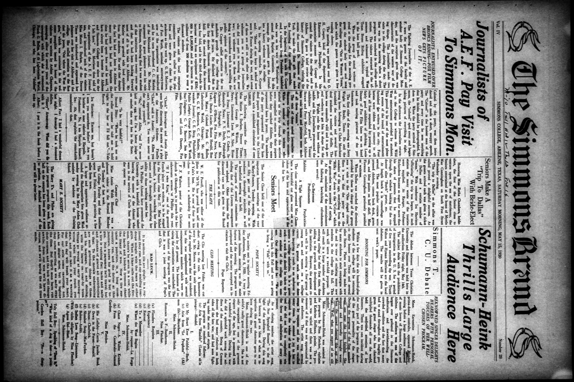 The Simmons Brand (Abilene, Tex.), Vol. 4, No. 28, Ed. 1, Saturday, May 15, 1920
                                                
                                                    [Sequence #]: 1 of 4
                                                