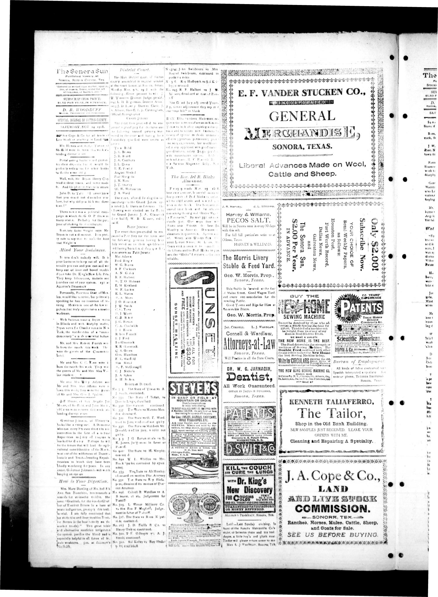 The Sonora Sun. (Sonora, Tex.), Vol. 6, No. 18, Ed. 1 Saturday, November 14, 1908
                                                
                                                    [Sequence #]: 4 of 8
                                                