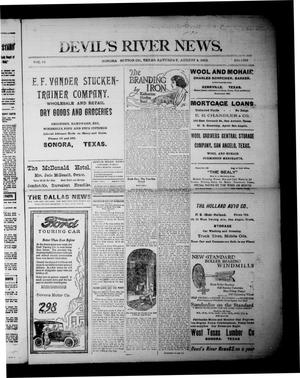 Primary view of object titled 'Devil's River News. (Sonora, Tex.), Vol. 32, No. 1705, Ed. 1 Saturday, August 4, 1923'.