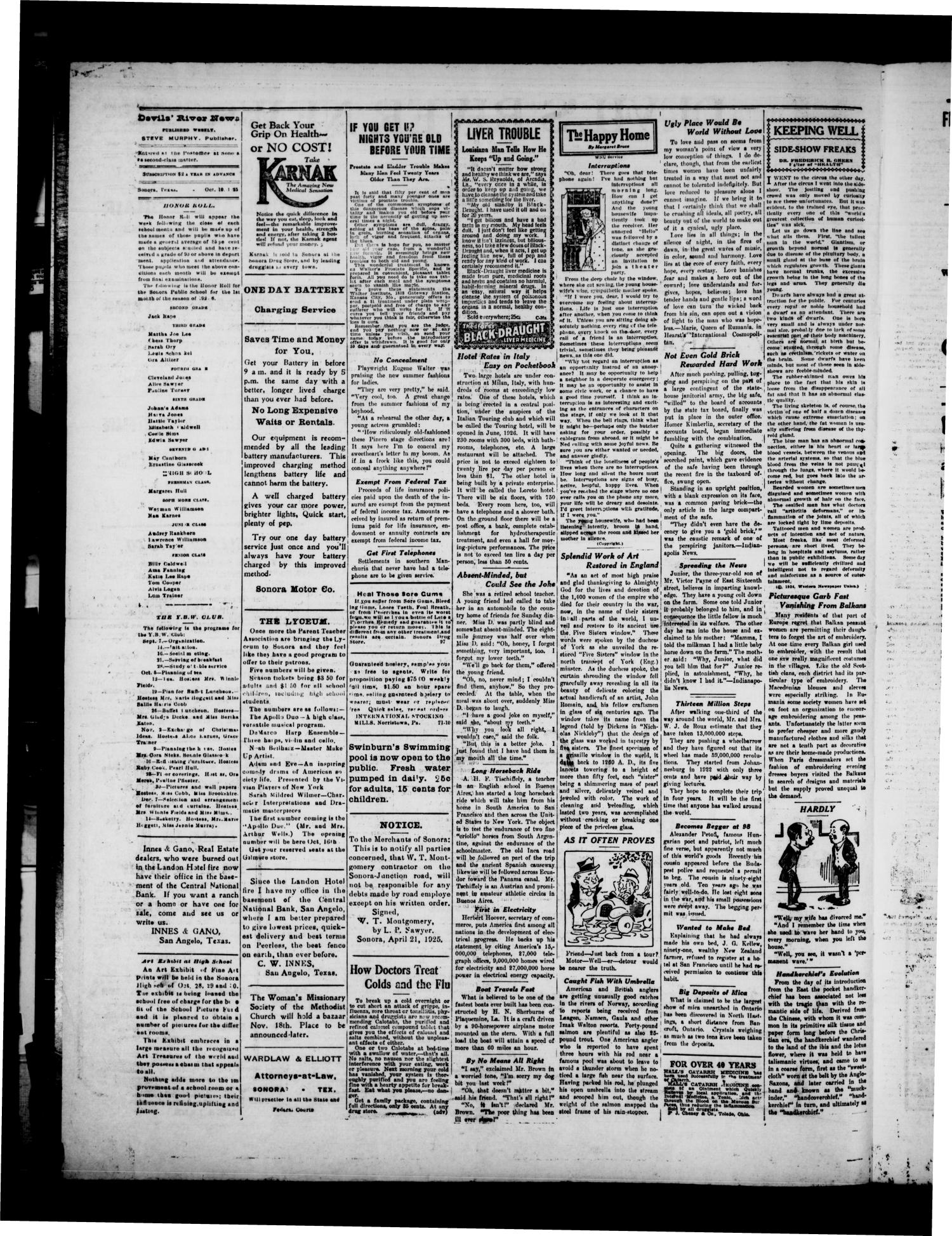 Devil's River News. (Sonora, Tex.), Vol. 34, No. 1817, Ed. 1 Saturday, October 10, 1925
                                                
                                                    [Sequence #]: 2 of 4
                                                
