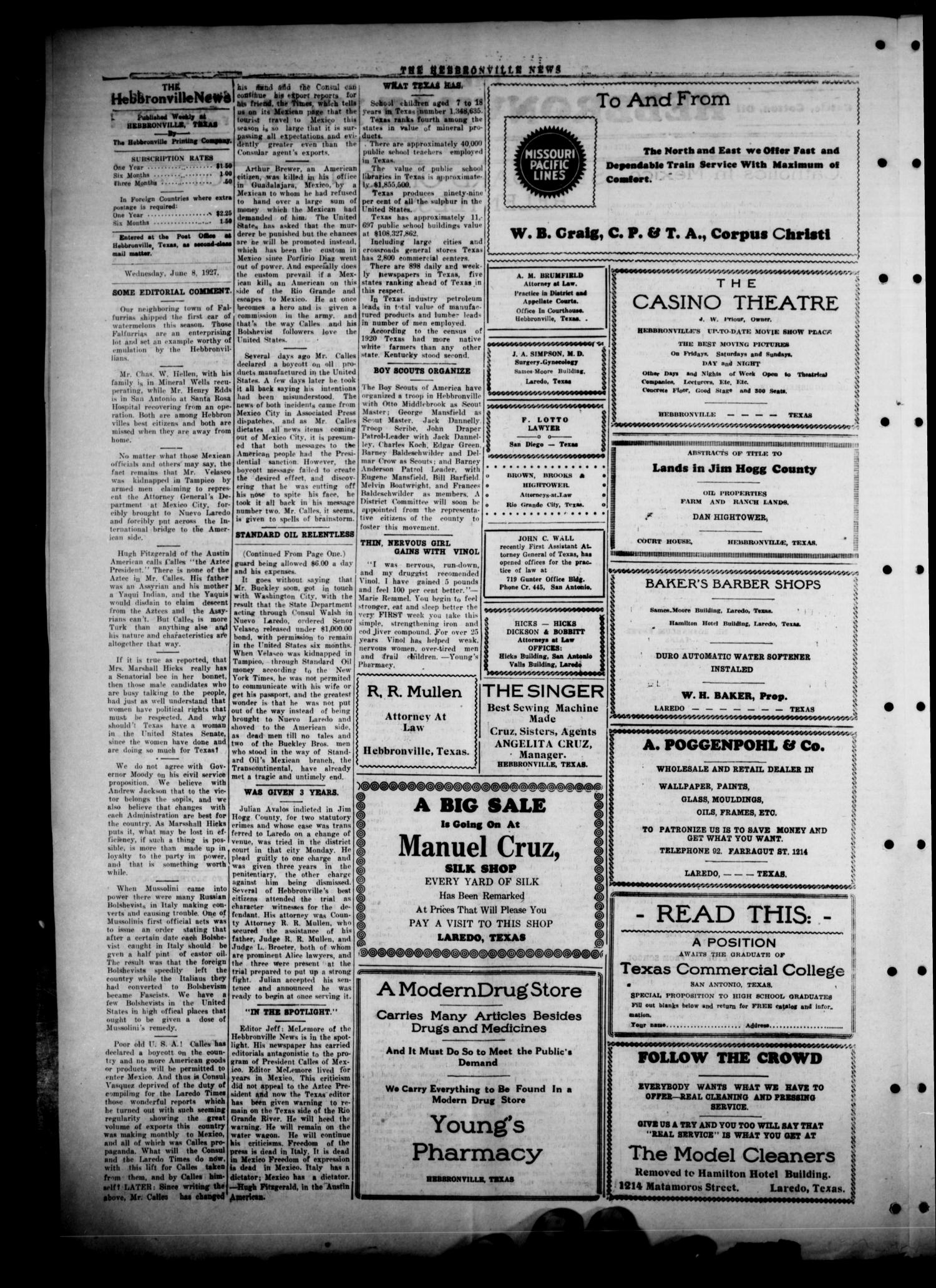The Hebbronville News (Hebbronville, Tex.), Vol. 4, No. 27, Ed. 1 Wednesday, June 8, 1927
                                                
                                                    [Sequence #]: 2 of 4
                                                