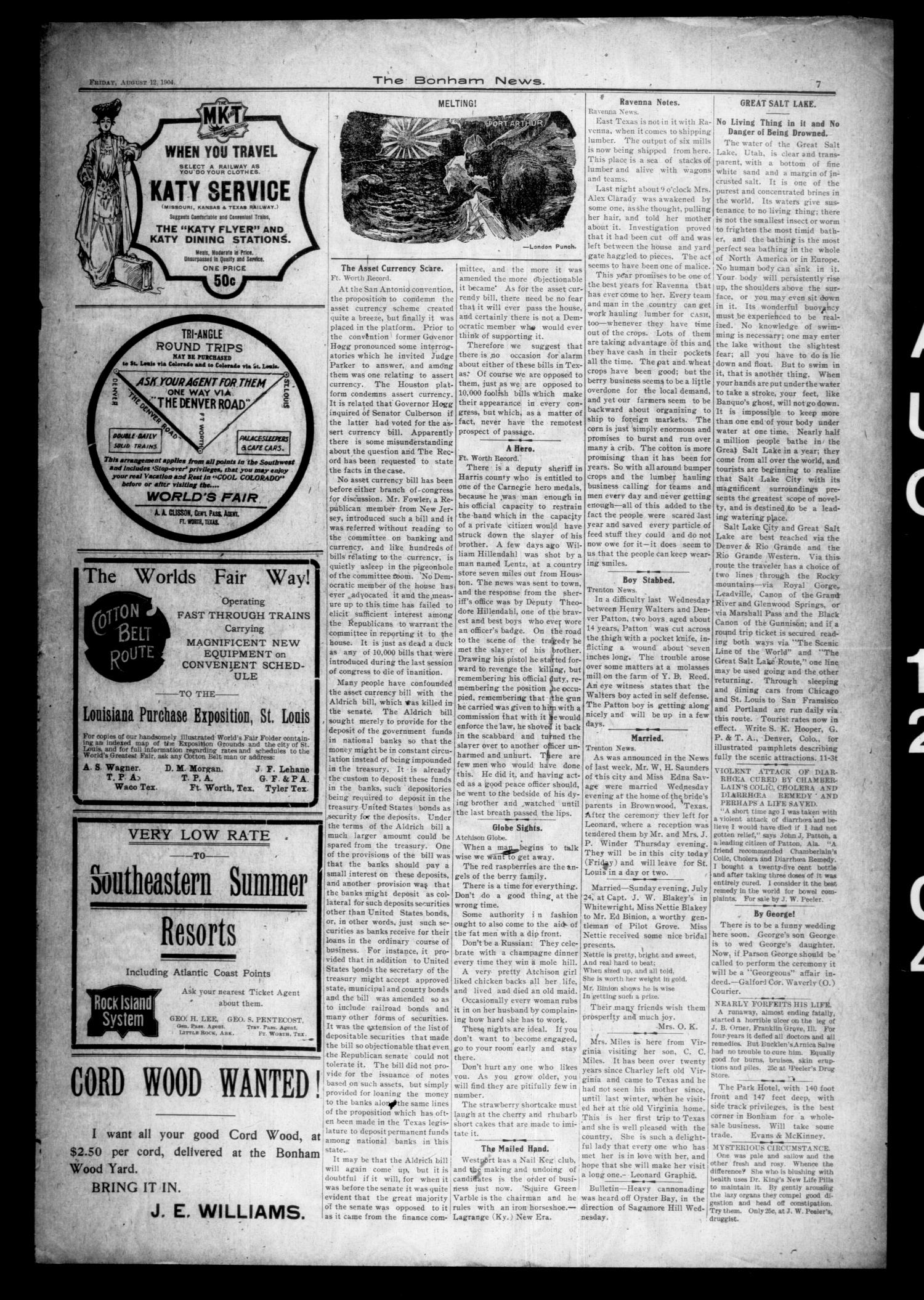 The Bonham News. (Bonham, Tex.), Vol. 39, No. 11, Ed. 1 Friday, August 12, 1904
                                                
                                                    [Sequence #]: 7 of 8
                                                