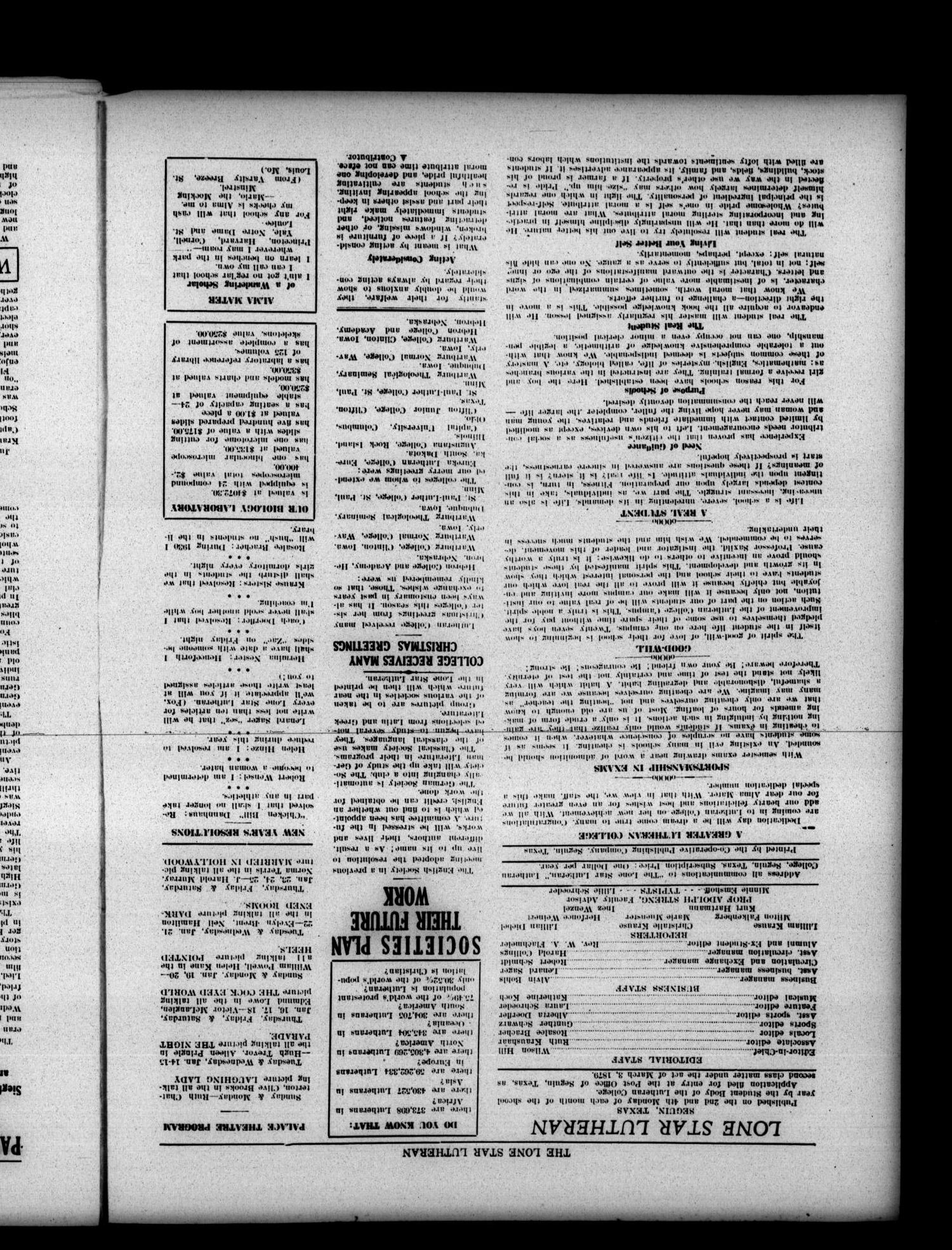 The Lone Star Lutheran (Seguin, Tex.), Vol. 12, No. 6, Ed. 1 Monday, January 13, 1930
                                                
                                                    [Sequence #]: 2 of 8
                                                