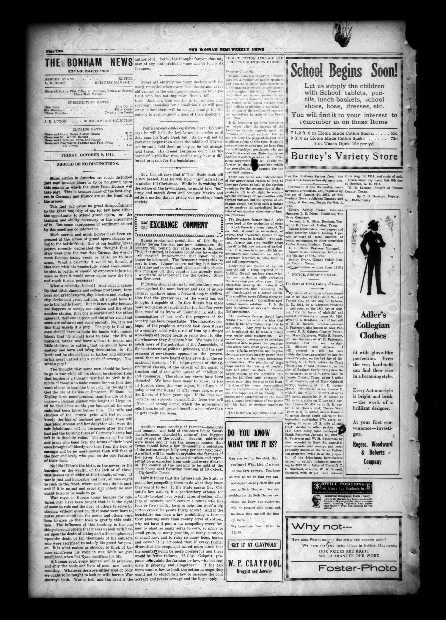 The Bonham News (Bonham, Tex.), Vol. 49, No. 49, Ed. 1 Friday, October 9, 1914
                                                
                                                    [Sequence #]: 2 of 6
                                                