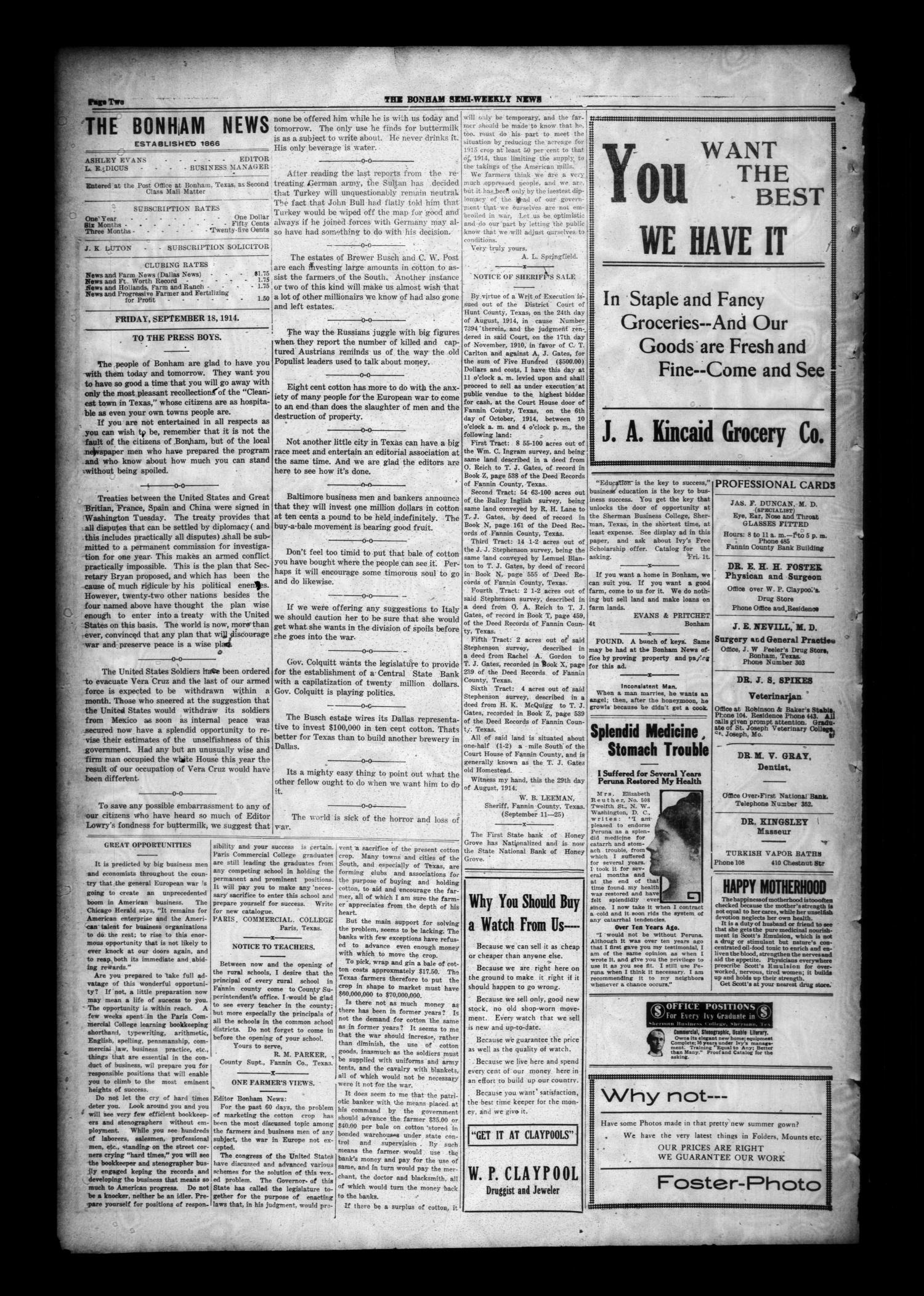 The Bonham News (Bonham, Tex.), Vol. 49, No. 43, Ed. 1 Friday, September 18, 1914
                                                
                                                    [Sequence #]: 2 of 4
                                                