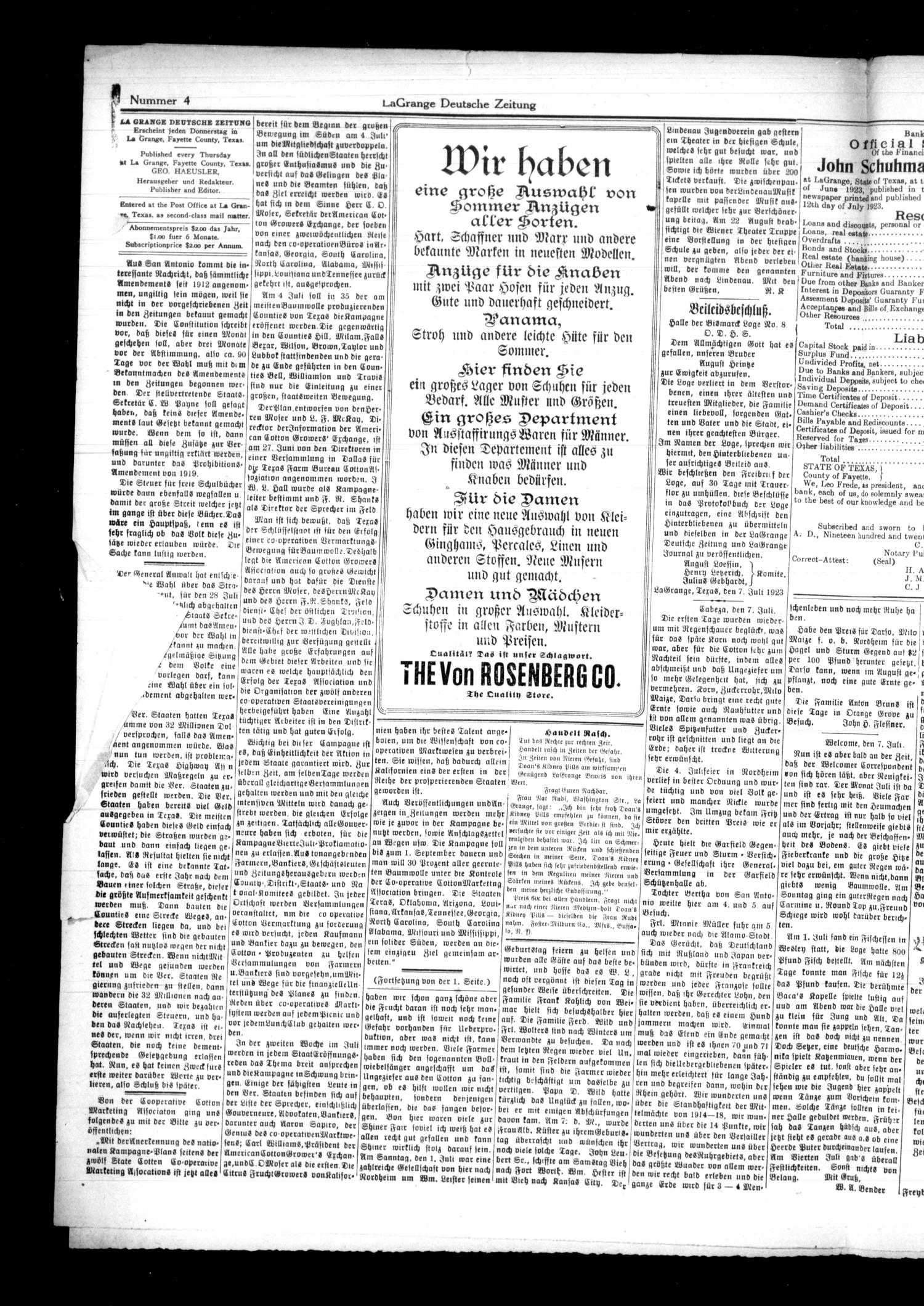 La Grange Deutsche Zeitung (La Grange, Tex.), Vol. 33, No. 48, Ed. 1 Thursday, July 12, 1923
                                                
                                                    [Sequence #]: 4 of 8
                                                