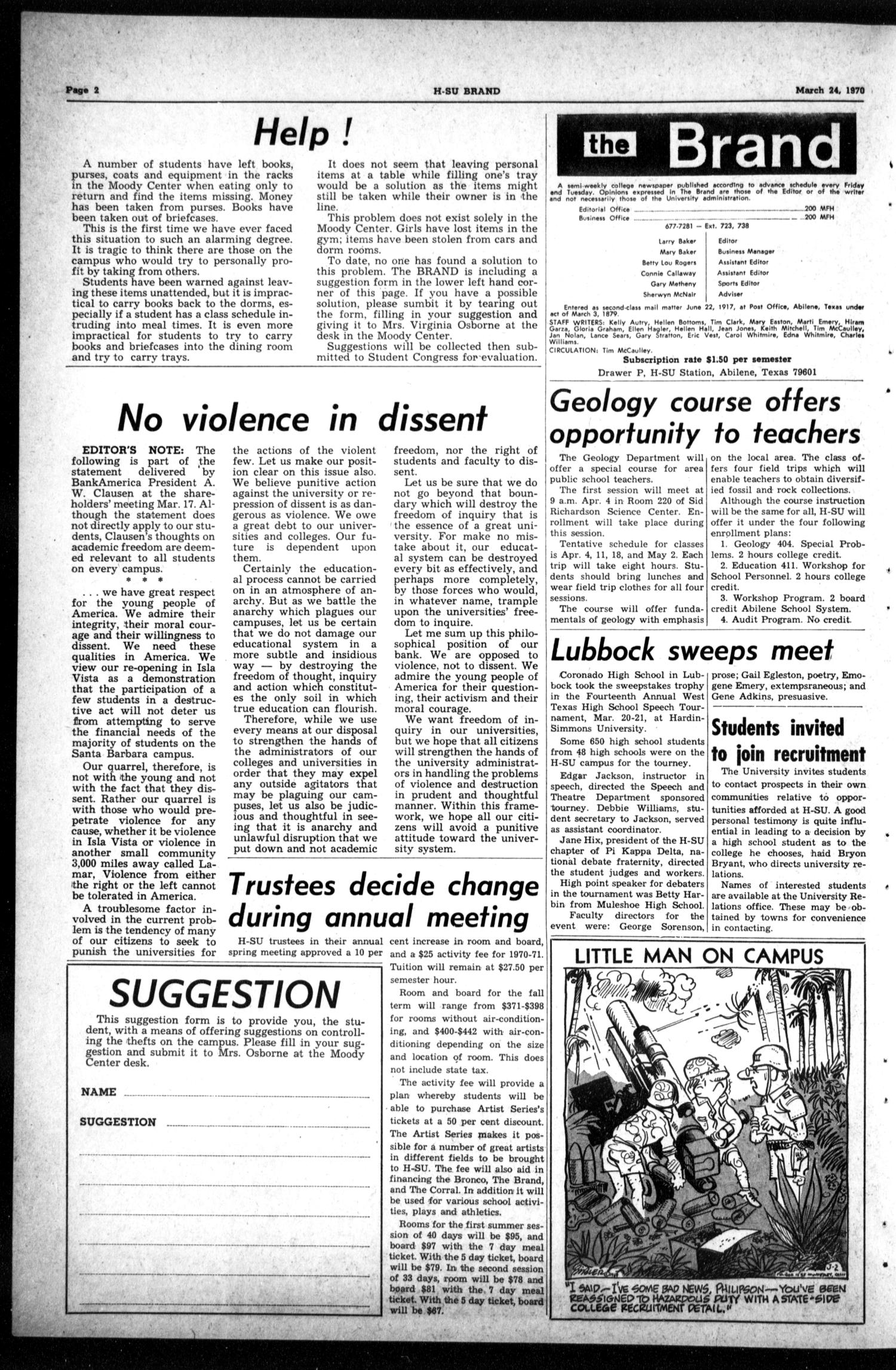 The H-SU Brand (Abilene, Tex.), Vol. 55, No. 45, Ed. 1, Tuesday, March 24, 1970
                                                
                                                    [Sequence #]: 2 of 4
                                                