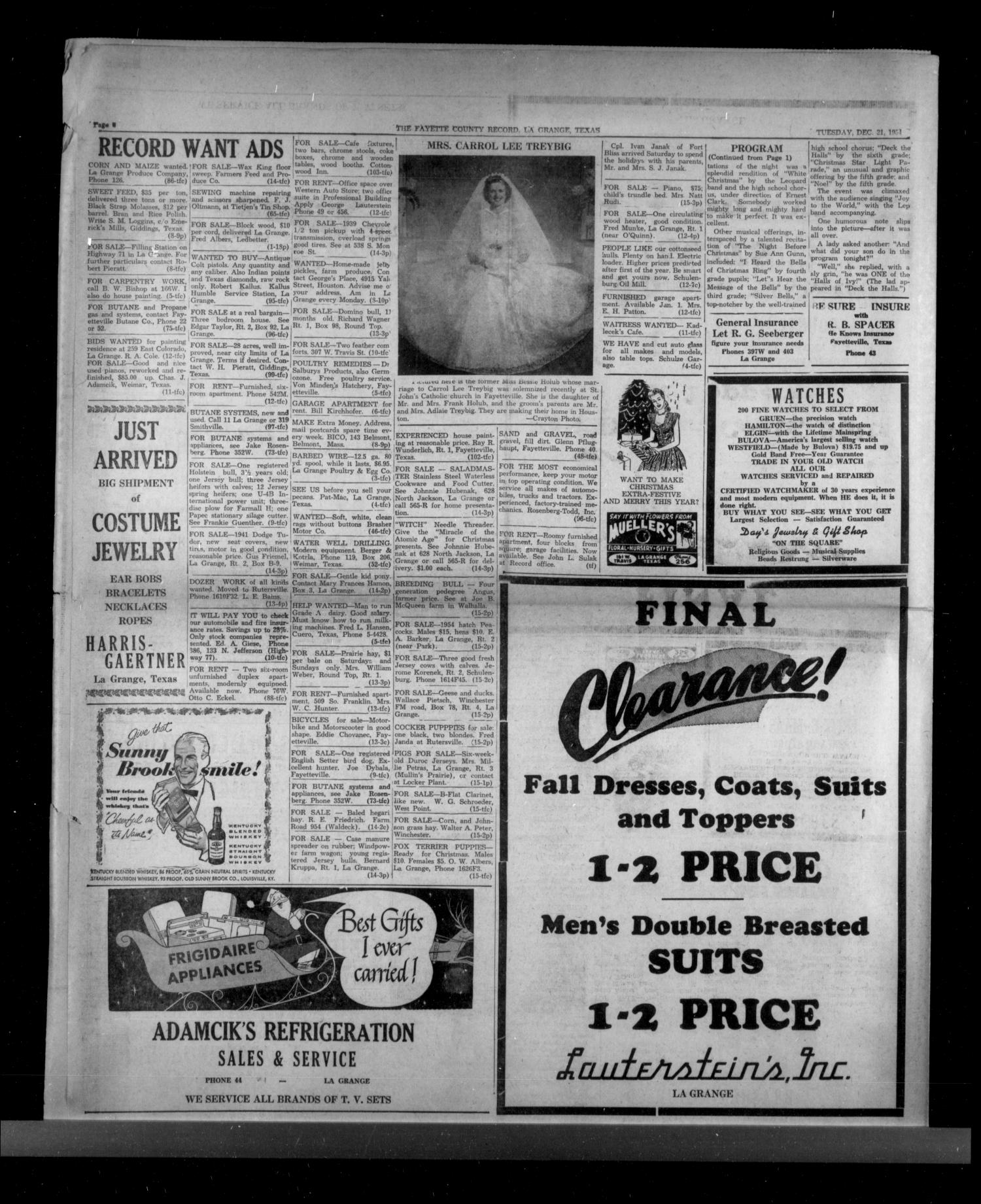 The Fayette County Record (La Grange, Tex.), Vol. 33, No. 15, Ed. 1 Tuesday, December 21, 1954
                                                
                                                    [Sequence #]: 6 of 6
                                                