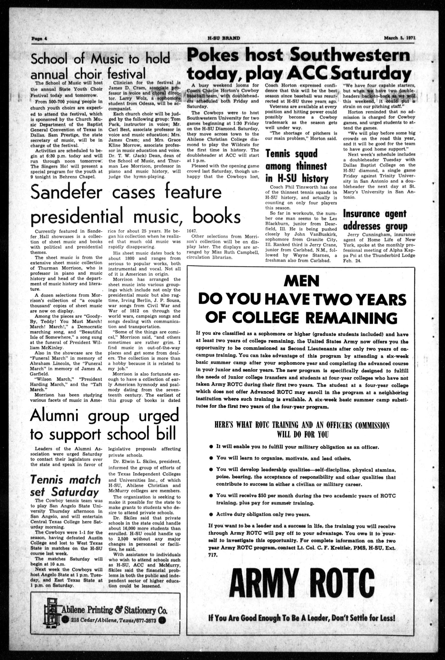 The H-SU Brand (Abilene, Tex.), Vol. 56, No. 41, Ed. 1, Friday, March 5, 1971
                                                
                                                    [Sequence #]: 4 of 4
                                                