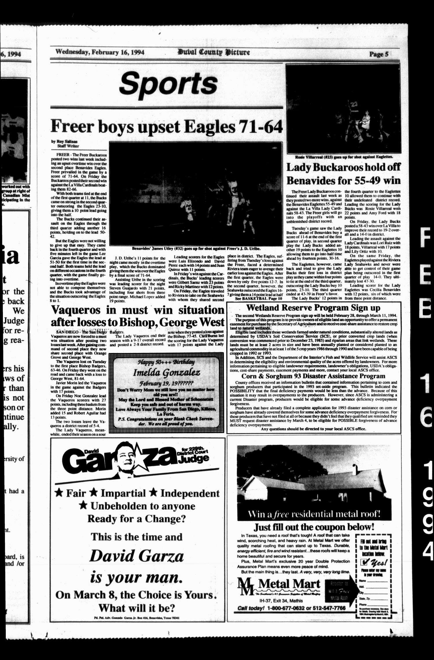 Duval County Picture (San Diego, Tex.), Vol. 9, No. 7, Ed. 1 Wednesday, February 16, 1994
                                                
                                                    [Sequence #]: 5 of 14
                                                