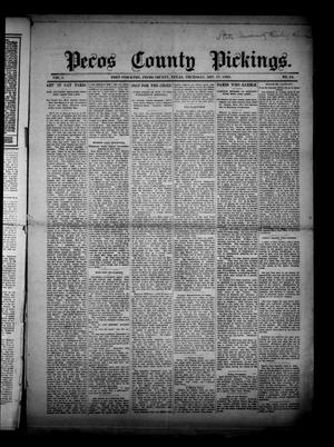 Primary view of object titled 'Pecos County Pickings. (Fort Stockton, Tex.), Vol. 1, No. 34, Ed. 1 Thursday, November 17, 1898'.