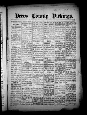 Primary view of object titled 'Pecos County Pickings. (Fort Stockton, Tex.), Vol. 1, No. 32, Ed. 1 Thursday, November 3, 1898'.