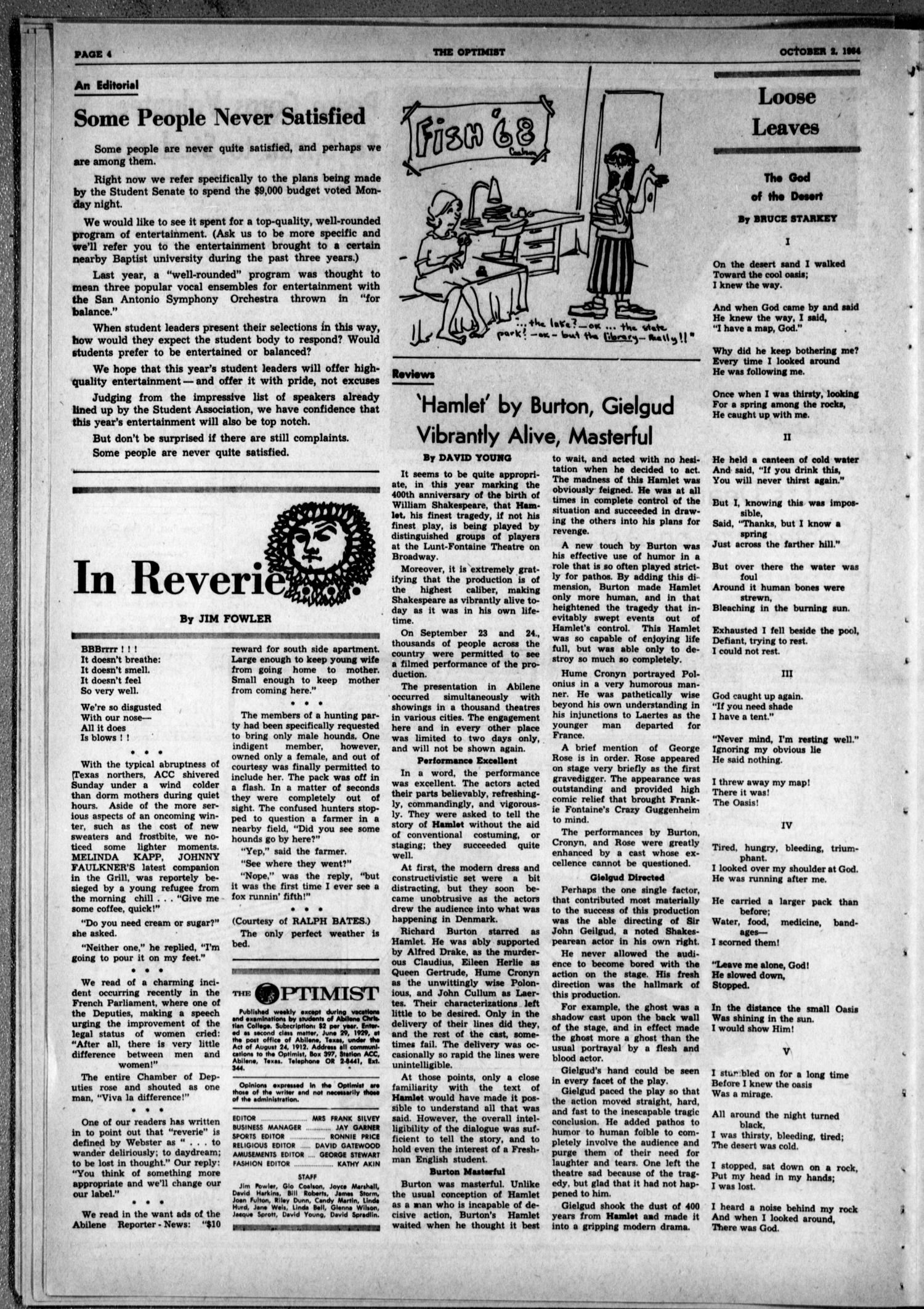The Optimist (Abilene, Tex.), Vol. 52, No. 4, Ed. 1, Friday, October 2, 1964
                                                
                                                    [Sequence #]: 4 of 8
                                                
