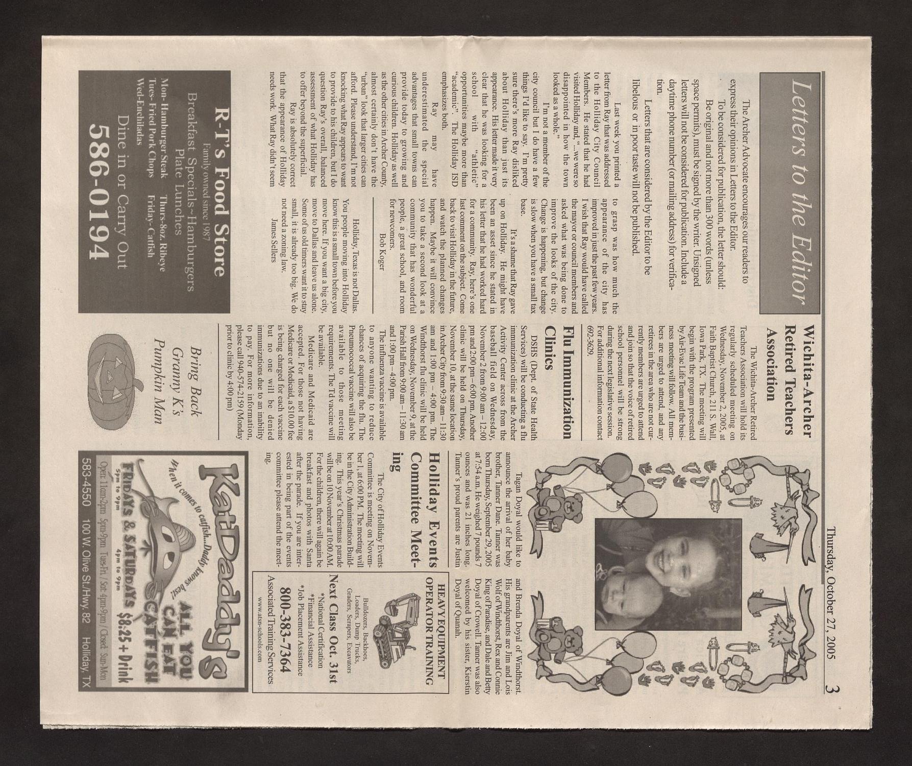 Archer County Advocate (Holliday, Tex.), Vol. 3, No. 29, Ed. 1 Thursday, October 27, 2005
                                                
                                                    [Sequence #]: 3 of 20
                                                