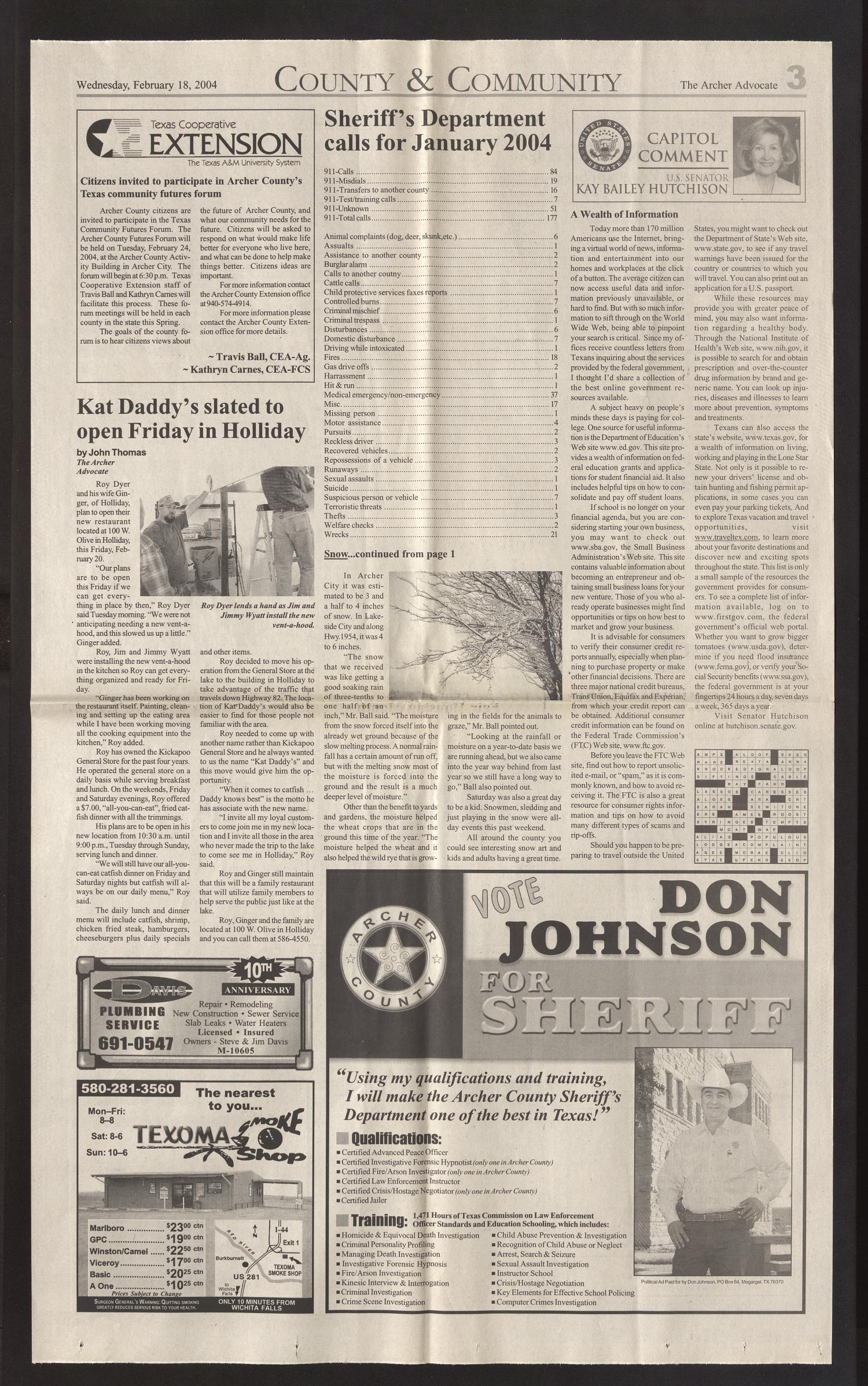 The Archer Advocate (Holliday, Tex.), Vol. 1, No. 46, Ed. 1 Wednesday, February 18, 2004
                                                
                                                    [Sequence #]: 3 of 6
                                                