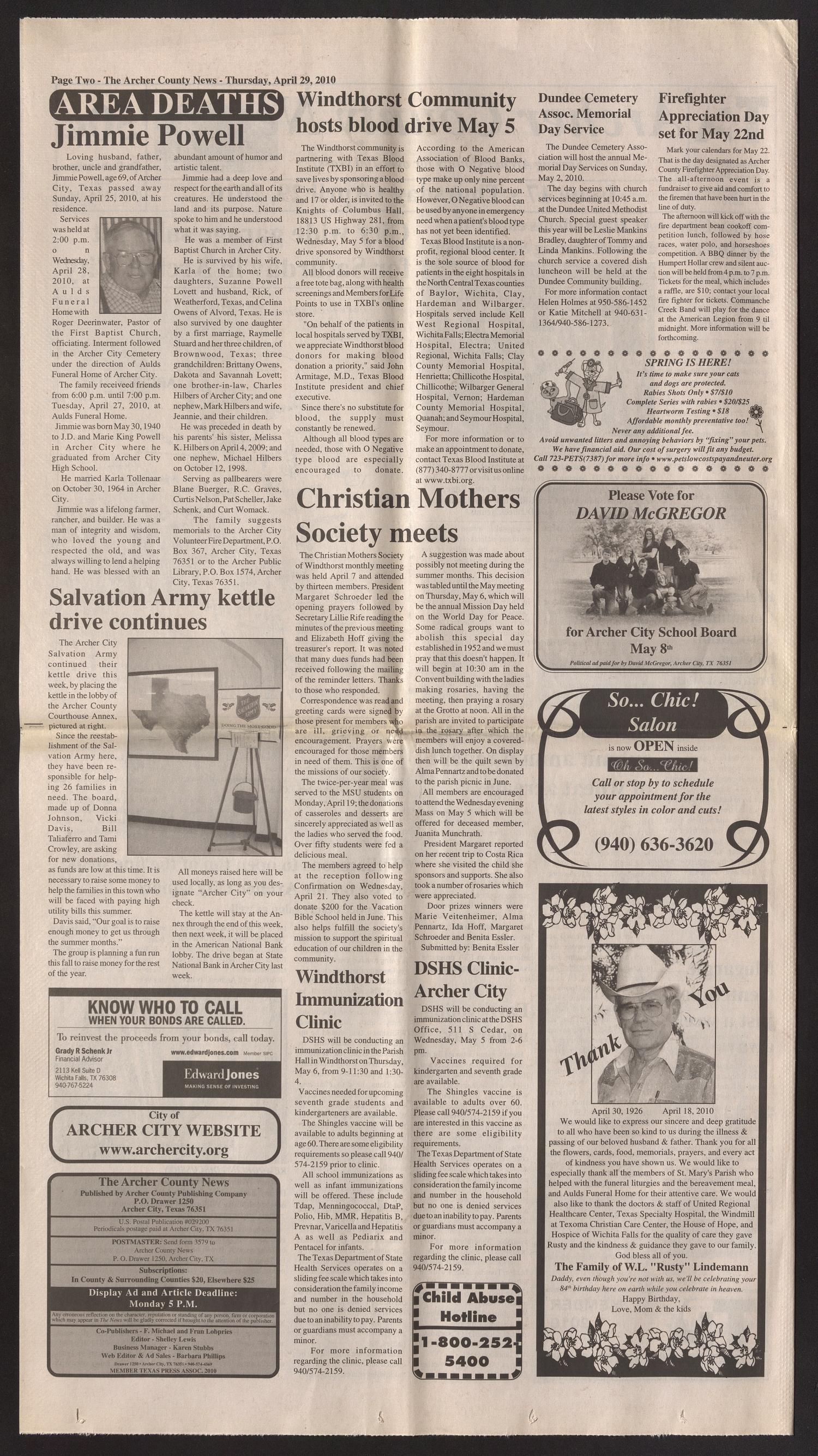 Archer County News (Archer City, Tex.), No. 17, Ed. 1 Thursday, April 29, 2010
                                                
                                                    [Sequence #]: 2 of 8
                                                