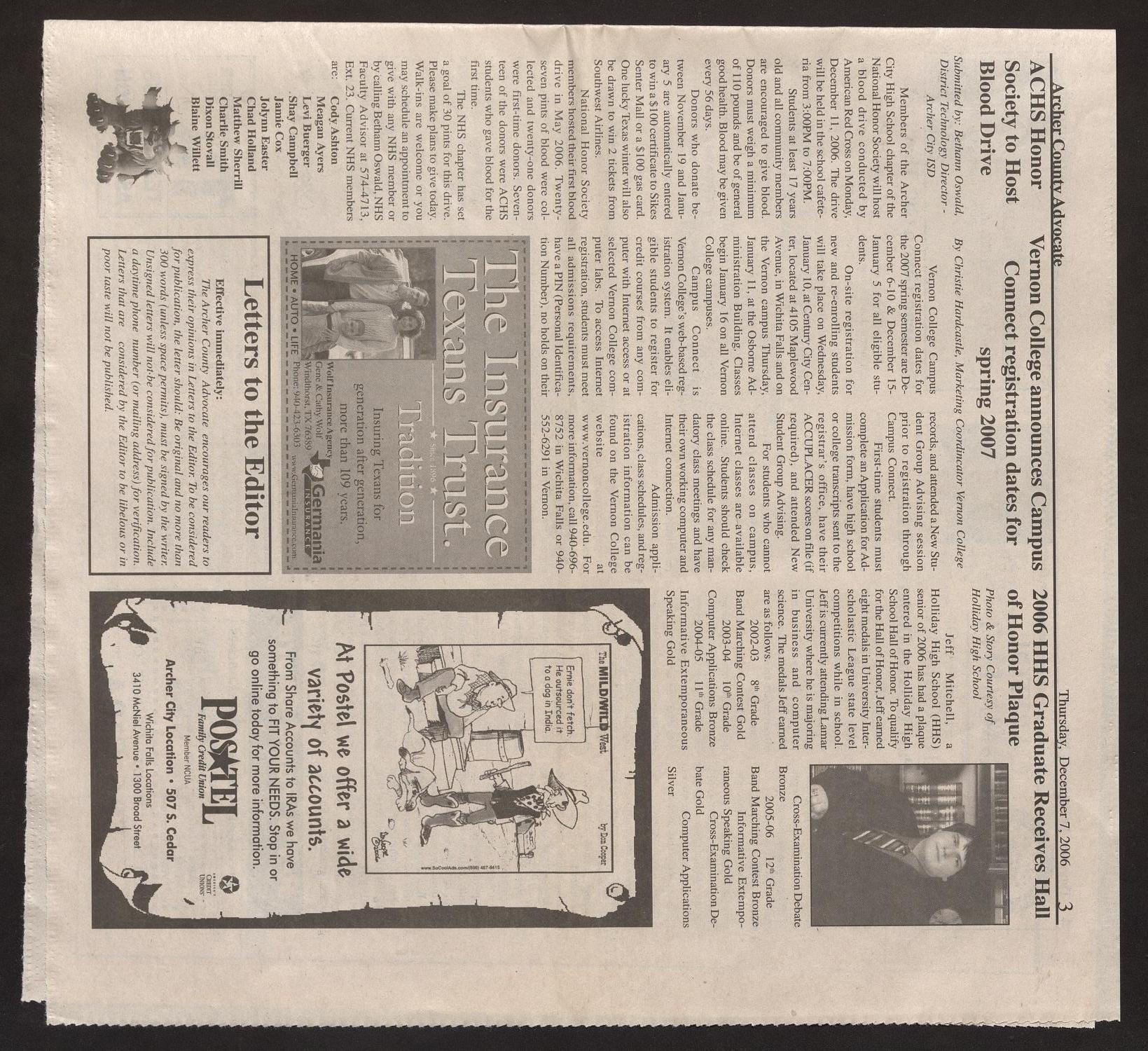 Archer County Advocate (Holliday, Tex.), Vol. 4, No. 35, Ed. 1 Thursday, December 7, 2006
                                                
                                                    [Sequence #]: 3 of 24
                                                