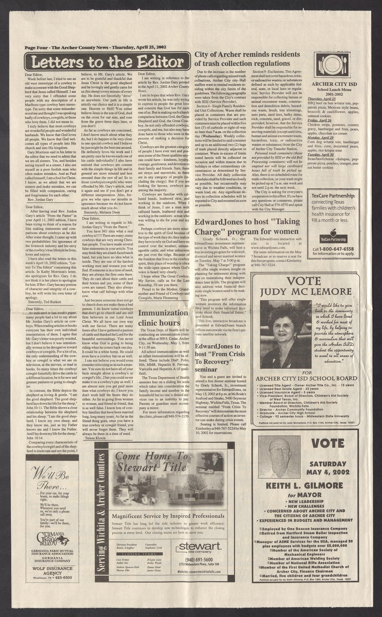 Archer County News (Archer City, Tex.), No. 17, Ed. 1 Thursday, April 25, 2002
                                                
                                                    [Sequence #]: 4 of 10
                                                