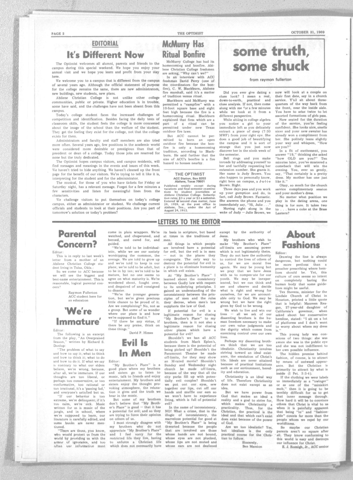 The Optimist (Abilene, Tex.), Vol. 57, No. 9, Ed. 1, Friday, October 31, 1969
                                                
                                                    [Sequence #]: 2 of 8
                                                