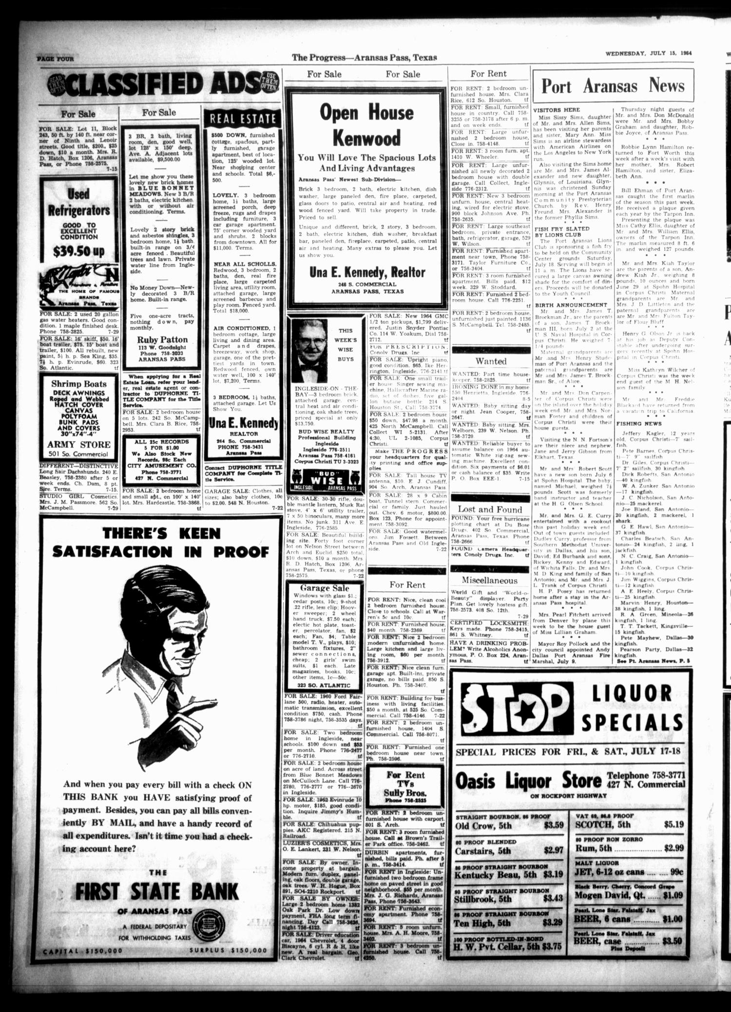 The Aransas Pass Progress (Aransas Pass, Tex.), Vol. 56, No. 16, Ed. 1 Wednesday, July 15, 1964
                                                
                                                    [Sequence #]: 4 of 12
                                                