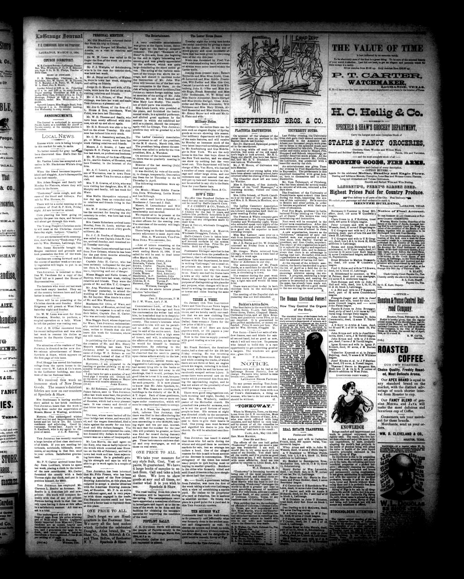 The La Grange Journal. (La Grange, Tex.), Vol. 15, No. 11, Ed. 1 Thursday, March 15, 1894
                                                
                                                    [Sequence #]: 3 of 4
                                                