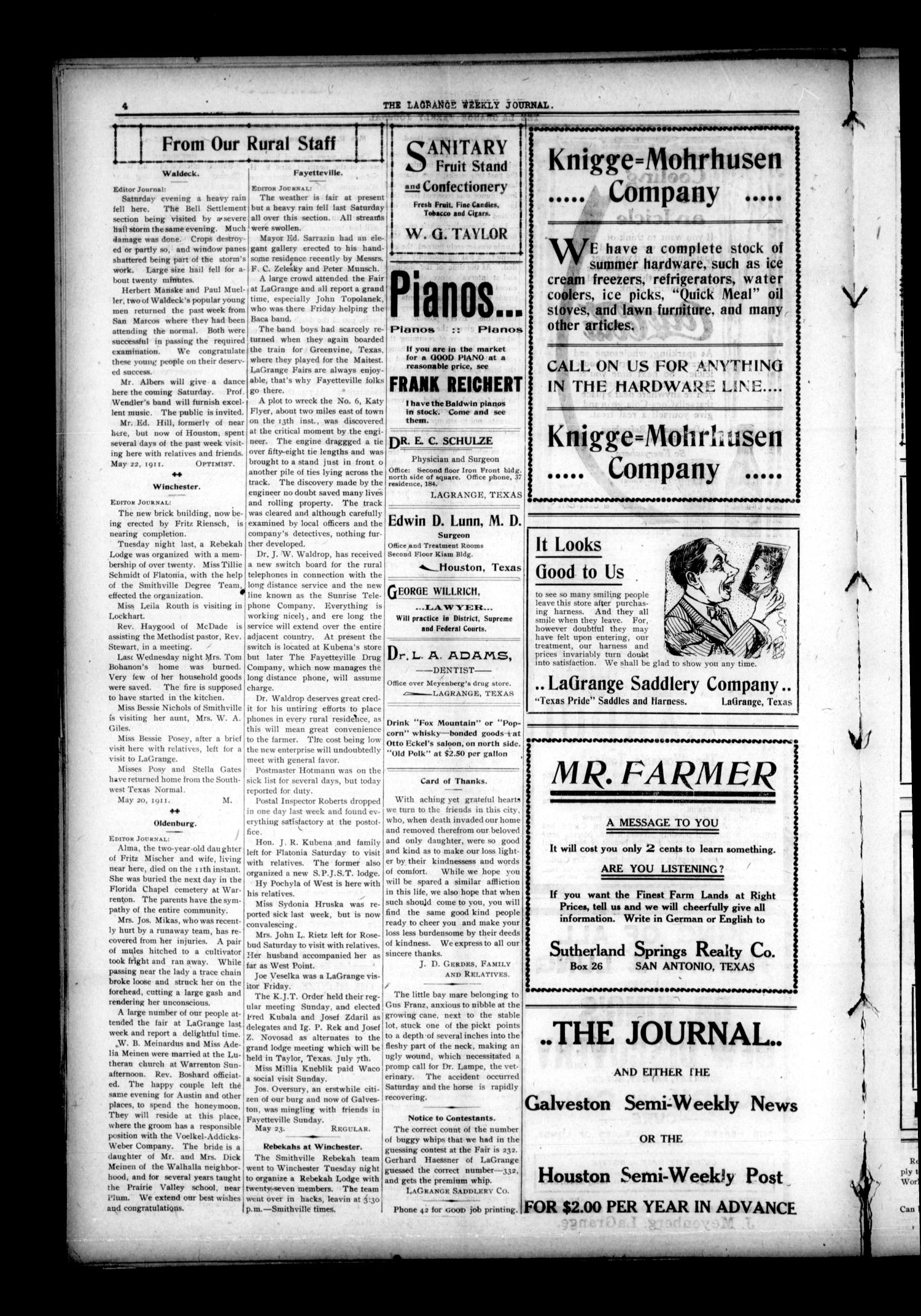 La Grange Journal. (La Grange, Tex.), Vol. 32, No. 23, Ed. 1 Thursday, May 25, 1911
                                                
                                                    [Sequence #]: 4 of 8
                                                