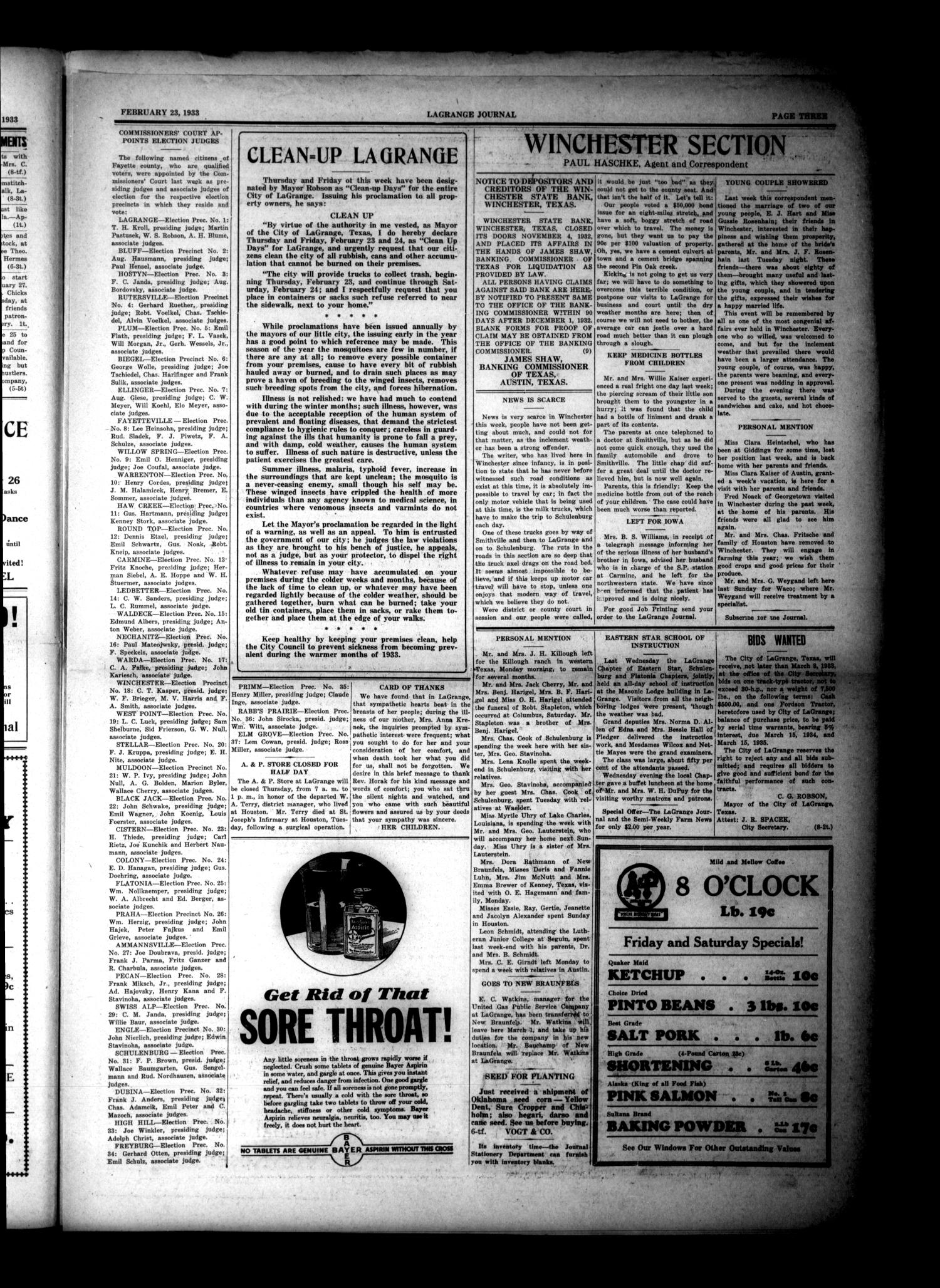 La Grange Journal (La Grange, Tex.), Vol. 54, No. 8, Ed. 1 Thursday, February 23, 1933
                                                
                                                    [Sequence #]: 3 of 8
                                                