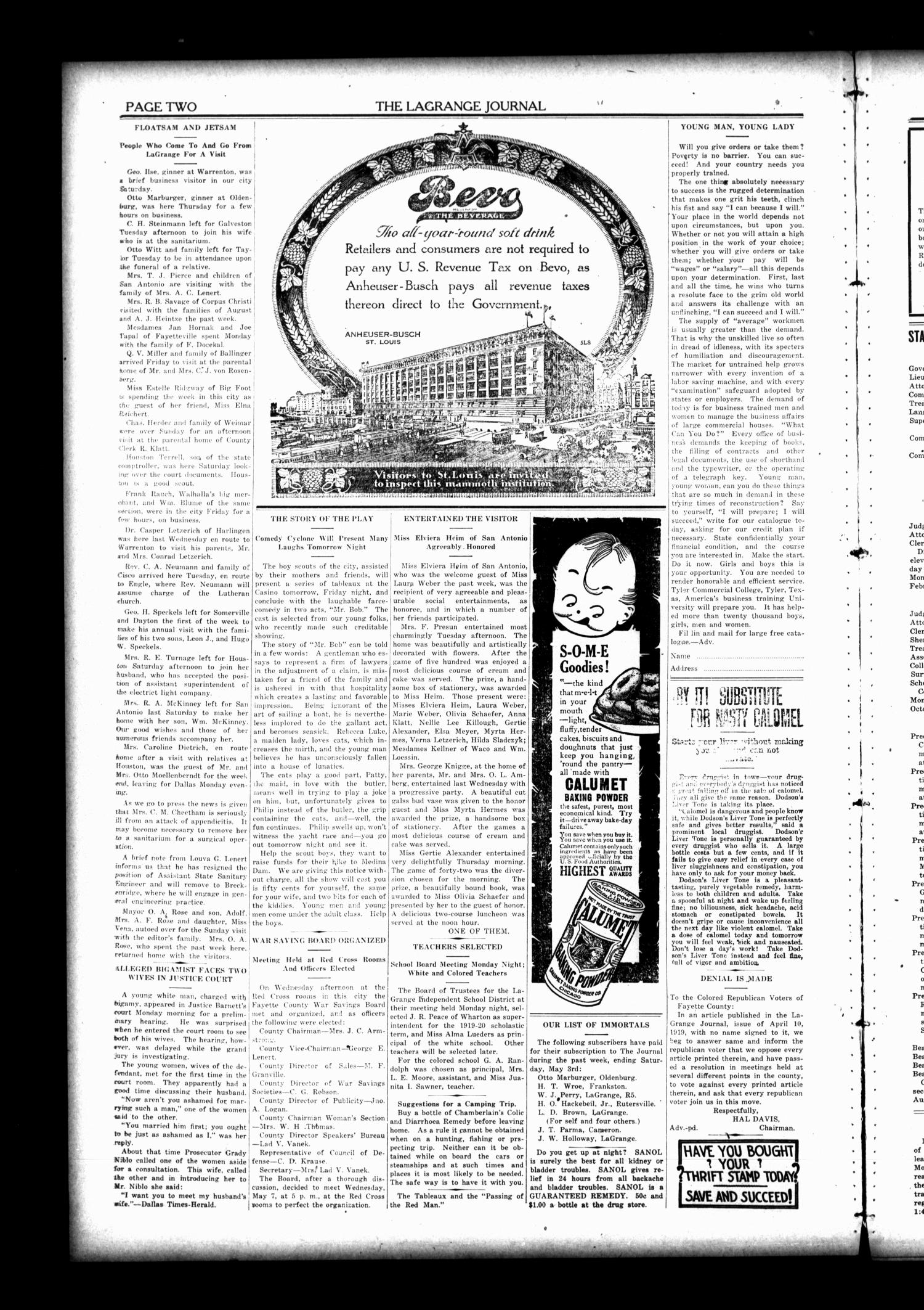 La Grange Journal. (La Grange, Tex.), Vol. 40, No. 19, Ed. 1 Thursday, May 8, 1919
                                                
                                                    [Sequence #]: 2 of 8
                                                